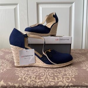 Liz Claiborne Navy and Natural Espadrille Wedge Sandals